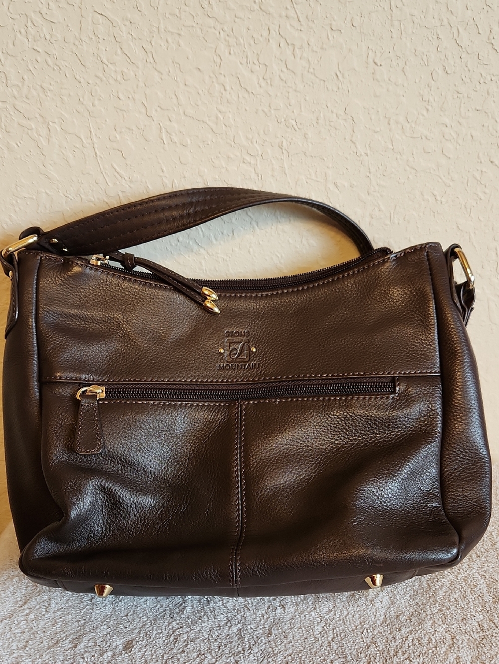 Dark Brown Leather Shoulder Bag with Front Zip Pocket